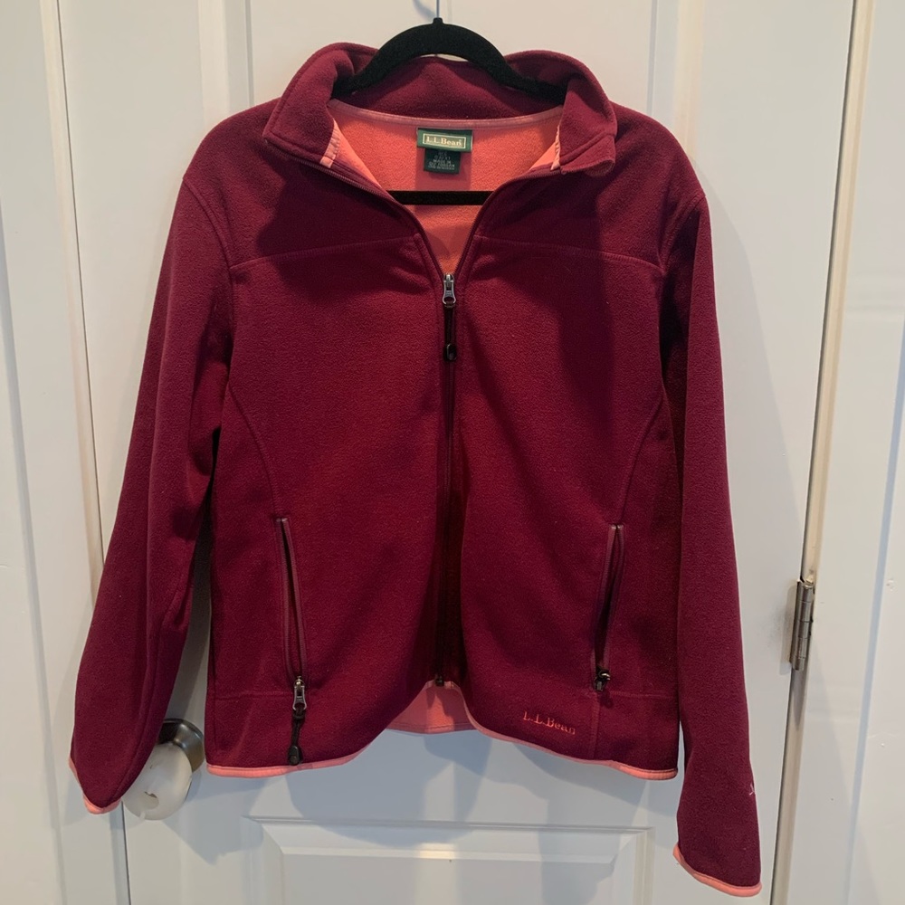 L.L. Bean zip up Deep Purple fleece with pink accents.